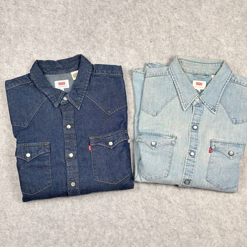 Levis Western Denim Shirts Mens M Lot of 2 Pearl Snap Red Tab Light wash indigo